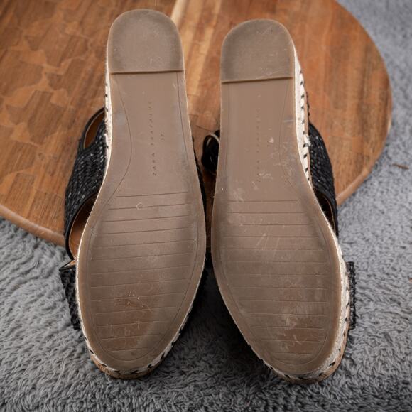 Zara Trafaluc Black Woven Cork Contrast Wedge Platform Sandals Size 37 - Picture 6 of 7